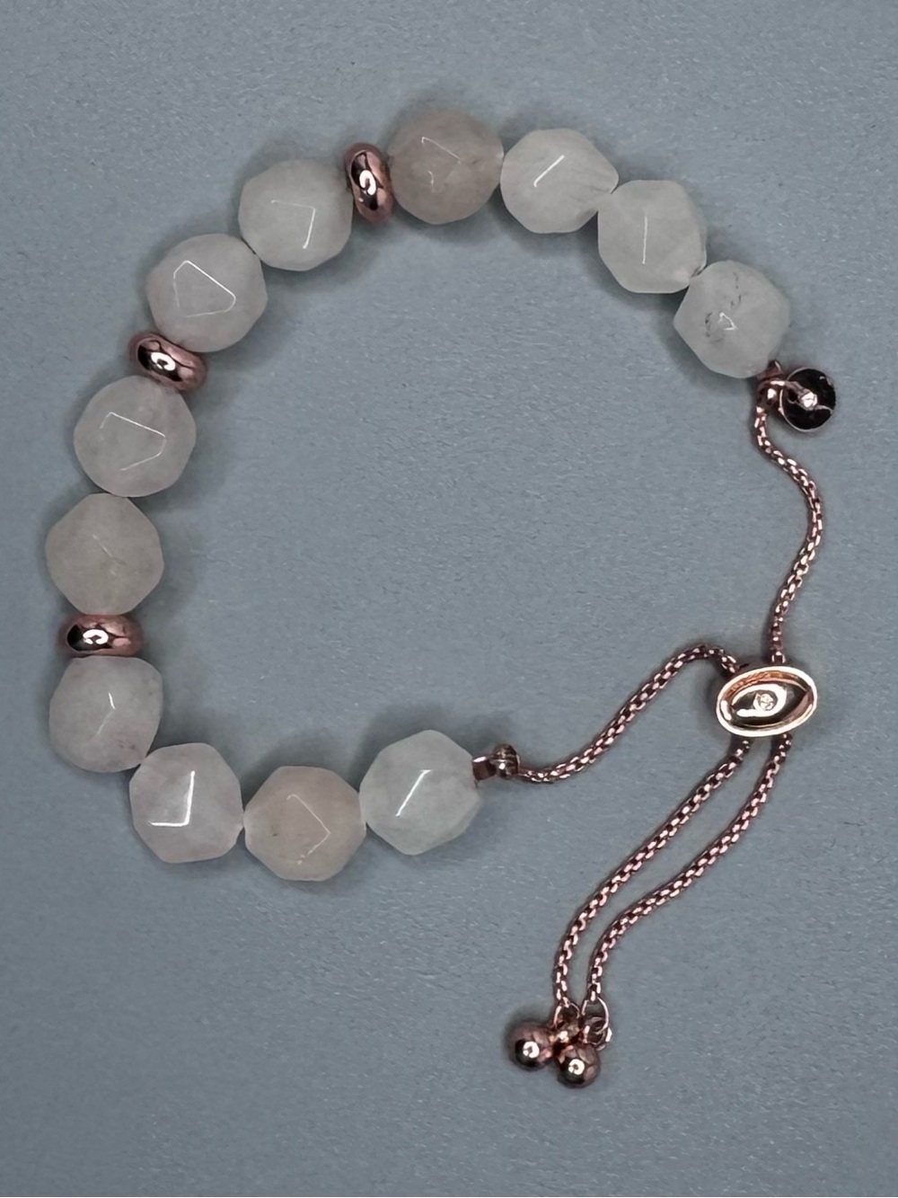 Hand Crafted Rose Gold & Rose Quartz Faceted Bead Bracelet Slide Clasp Up To 9”